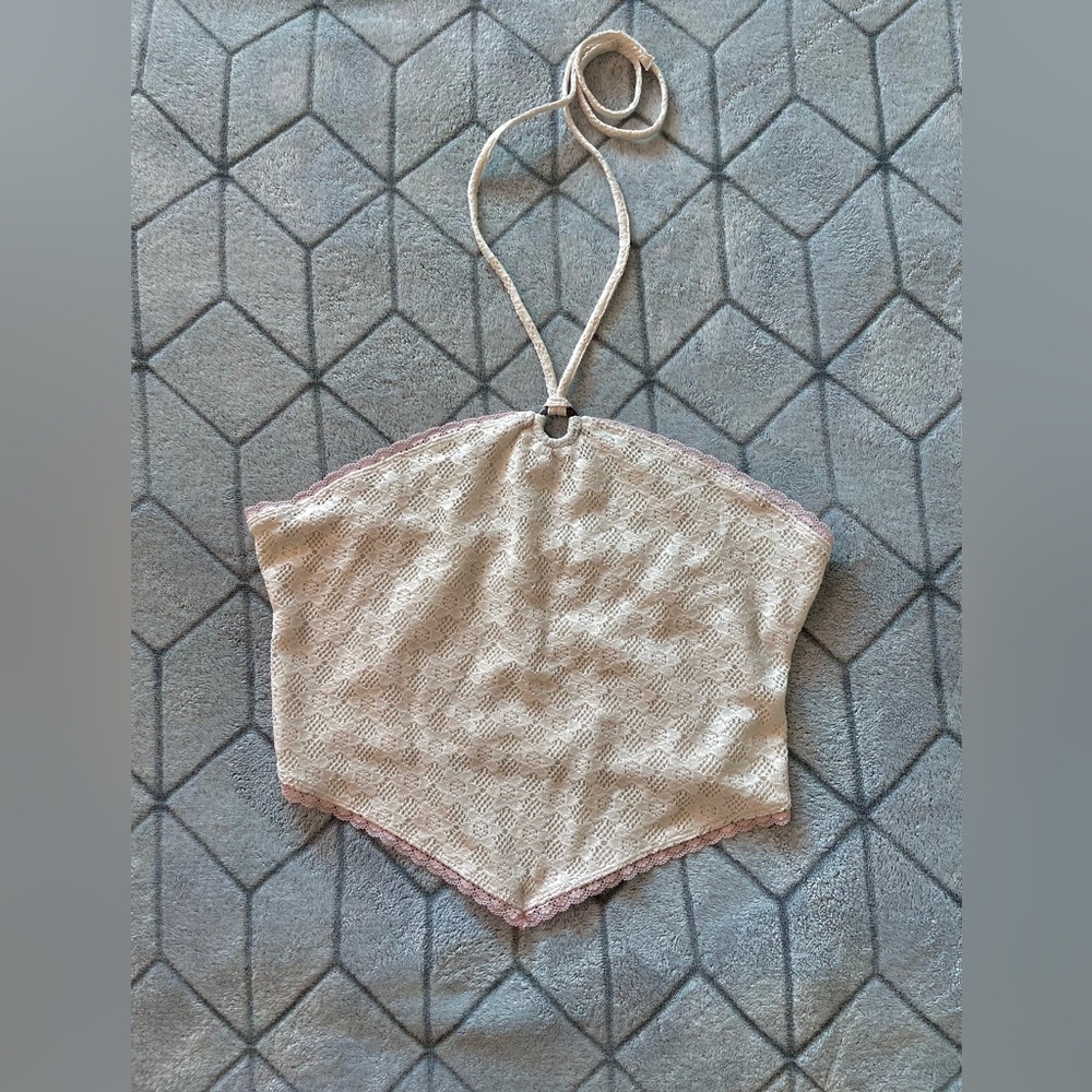 Women’s Cream and Pink Lace Trim Halter Top Cottagecore Size L